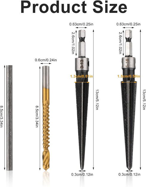 5pcs Tapered Reamer Tool Set, 3-13mm (1/8''-1/2'') & 5-16mm(1/2"-5/8") Bridge Pin Hole Hand Reamer Tool Detachable T-Handle Tapered Reamer for Gui...