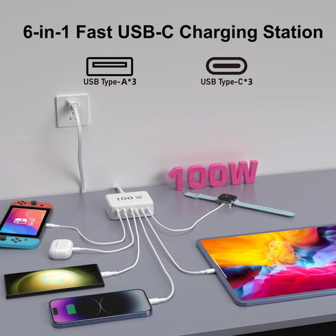 100W GaN USB C Fast Charger Block Compact 6 Port GaN Charging Station HUB Brick Portable Wall PD Charger Power Adapter for iPhone 15 14 13 12 Pro ...