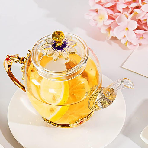 Teabloom Teapot Glass Blooming Tea Teapot for Women Blue Rose Floral Glass Teabloom Teapot with Gold for Mom Friend Christmas Birthday Anniversary...