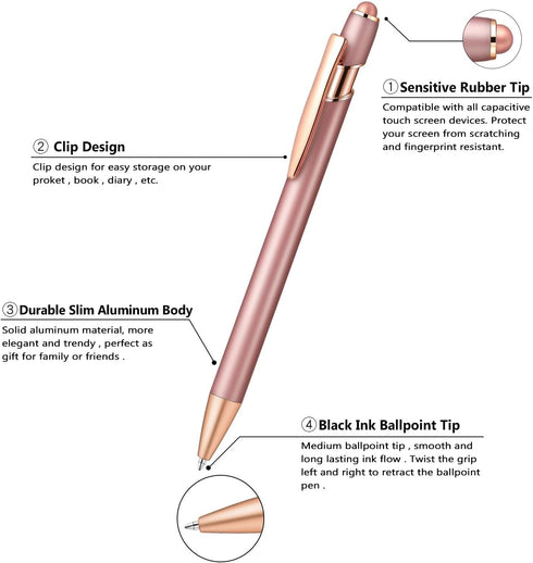 Aozora 15 Pack Ballpoint Pens Smooth Writing 2-in-1 Stylus Retractable Ballpoint Pen with Stylus tip, Office Decor Metal Stylus Pen for Touch Scre...