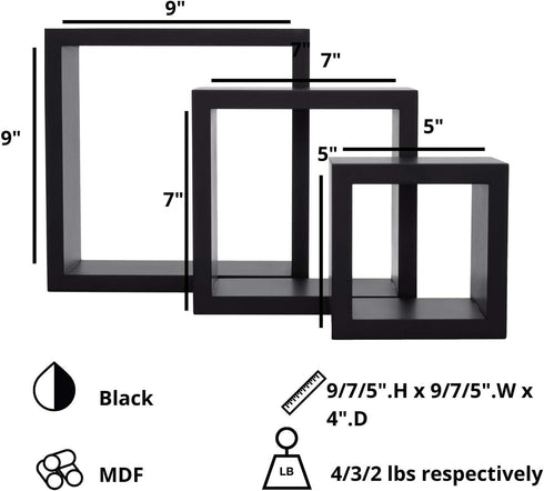 Kiera Grace Cubbi Floating Modern Wall Mounted Shelves for Bedroom, Bathroom, Kitchen, 5"/7"/9", Black, 3Pack...