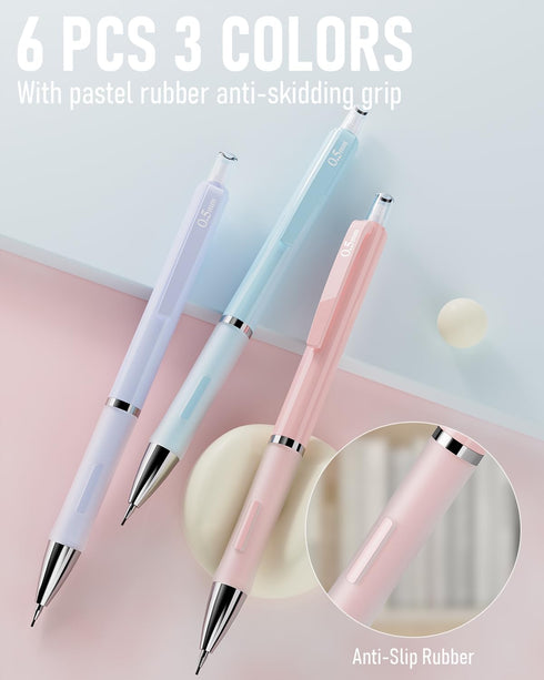 6PCS 0.5mm Mechanical Pencils Set Pastel Mechanical Pencils with 360PCS HB Lead Refills, 3 Erasers, 9 Erasers Refill Aesthetic School Supplies for...