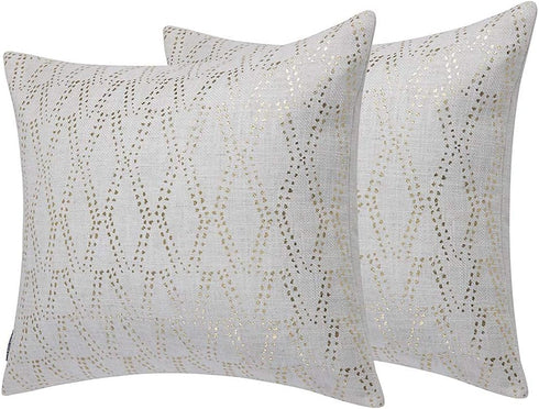 Gold Sofa Throw Pillow Cover 1pc 20X20inch Ecru White Textural Linen Look Metallic Print Rhombus Wavy Christmas Geometric Decorative Pillowcase Co...
