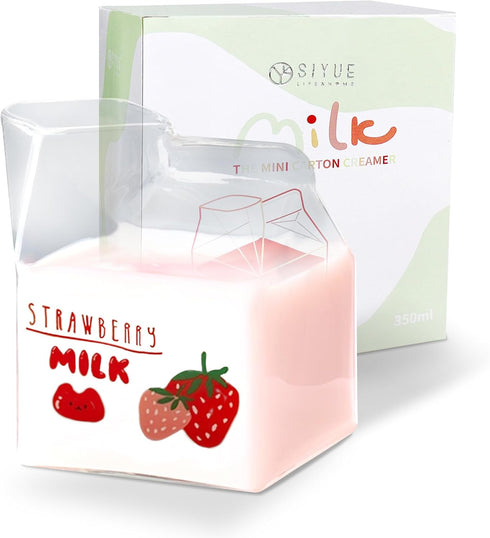 Kawaii Glass Milk Carton Cup Microwavable 12 Oz Cute Milk Cups Mini Creamer Container Strawberry Square Breakfast Mug Glass Creamer Pitcher with G...