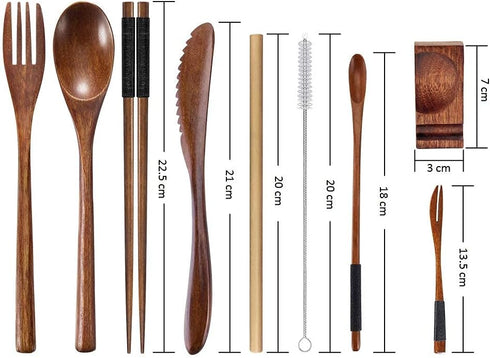 Wooden Utensil Flatware Set Reusable Utensils Travel Cutlery Set for Eating with Case, 10 Pcs Wooden Spoon and Fork Set Bamboo Flatware Set...
