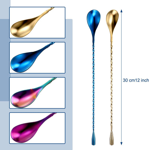 4 Pieces Cocktail Spoon Bar Stirring Spoon Long Handle Stainless Steel Spiral Pattern Cocktail Mixing Shaker Spoon, 12 Inch, 4 Colors (Multicolor,...