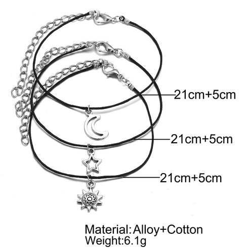 Bohemian Leather Anklet Sun Star Moon Foot Chain 3 Pcs Beach Wedding Jewelry Boho Ankle Bracelet for Women and Girls...