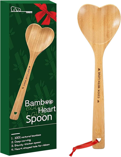 Bamboo Heart Shaped Spoon for Cooking - Wooden Cook with Love Spoon Kitchen Utensils, Valentines Mother's Day Gifts for Grandma Mom Couple Wife Ho...
