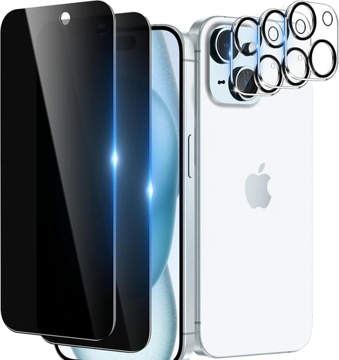 [2+3 Pack Privacy Screen Protector for iPhone 15 with Camera Lens Protector, Anti-Scratch, Bubble Free, Easy to Install, Case Friendly, Tempered G...