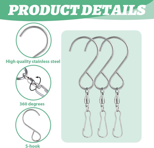 Wind Chime Hanger S Hooks, 10 Pcs 360 Degree Dual Spinning Windsock Chime Supplies Hanger Swivels Clip for Plant Hangers Outdoor, Hanging Basket, ...