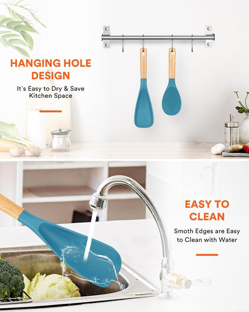 Cooking Spoon and Rice Scooper for Nonstick Cookwares, Great for Cooking and Serving Durable BPA-Free Matte Silicone, Wood Handle Spoon for Mixing...