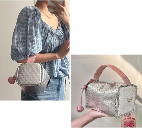 Makeup Travel Bag Cosmetic Bag, PU Leather Bright Quilted Toiletry Bag for Women Large Capacity Make Up Organizer Dorm Room Essentials (Silver)...