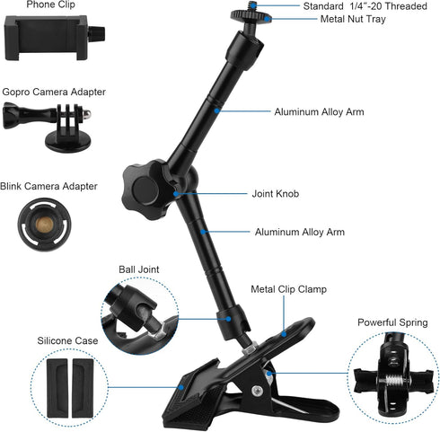 Clip Clamp Phone Holder for Desk/Table/Easel/Board/Shelf,Compatible with 3.5~7.5 inch iPhone/GoPro/Webcam/Blink Camera,Aluminium Alloy 10 inch Len...