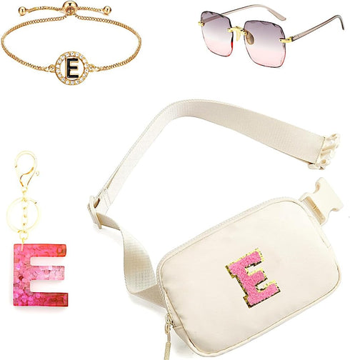 Personalized Initial Fanny Pack Belt Bag for Teen Girls - woman fanny pack,Bracelet, Keychain & Sunglasses (E)...