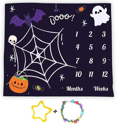 Halloween Theme Baby Monthly Milestone Blanket, 48x40in Soft Flannel, Ghost and Pumpkin Skull Background, Newborn Mom Gifts, Baby Shower Age Growt...