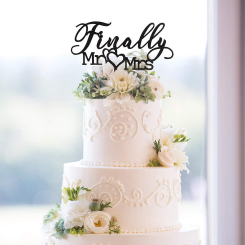 Finally Mr Mrs Love Heart Black Acrylic Cake Topper - Great for Wedding Engagement Bridal Shower Party Decoration Gift Keepsake - 5.9'' x 6.1''(Bl...
