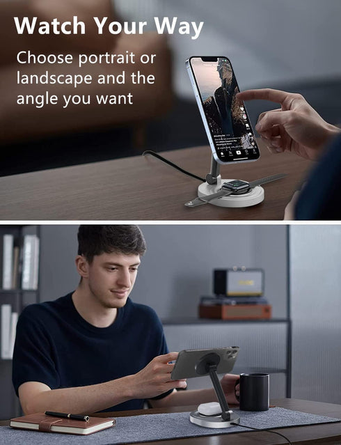 Magnetic Wireless Charger Stand for Mag-Safe Charger, Foldable 15W Fast Wireless Charging Station, 2-in-1 Charging Stand Dock for Apple iPhone 15/...