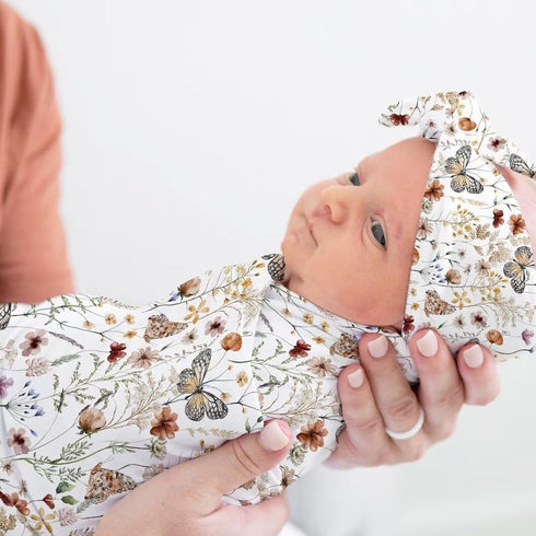 Newborn Swaddle Set with Matching Headband Hat and Bow Set Floral Baby Girl Newborn Receiving Blankets Baby Swaddle Nursery Wildflower Baby Blanke...