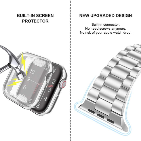 iiteeology Compatible with Apple Watch Band 45mm Series 9 8 7, Upgraded Stainless Steel Band with iWatch Screen Protector Case for Men Women Silve...