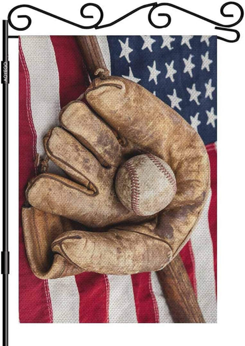 AOYEGO Baseball Small Garden Flag Vertical Double Sided 12.5 x 18 Inch Bat and Glove on an American Flag Farmhouse Burlap Yard Outdoor Decor...