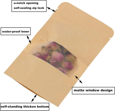 SHEUTSAN 500 Pack Kraft Bags with Window, 3.5 x 5.5 Inches Stand Up Storage Pouches Ziplock Sealing Packaging Paper Bag Resealable Sample Bags for...