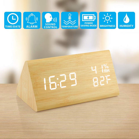 OCT17 Wooden Alarm Clock, Wood Alarm Clock Smart LED Digital Clock for Bedroom/desks, Upgraded with Time Temperature, Adjustable Brightness and Vo...