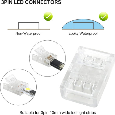 VIPMOON 12Pcs 3Pin LED Strip Light Connectors Strip to Strip Quick Connection for 10mm Wide Waterproof or Non-Waterproof WS2811 WS2812B Gapless So...
