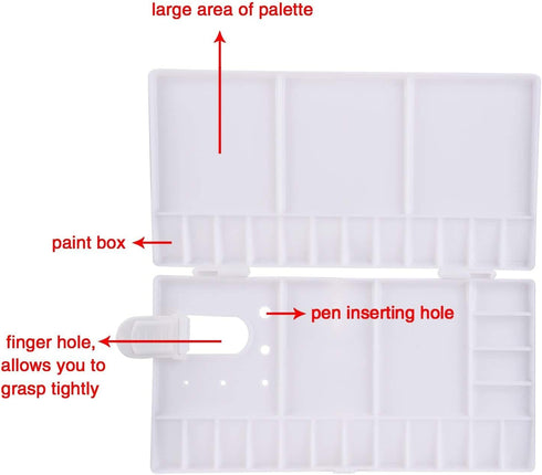 SUNIY Watercolor Palette Folding Paint Tray Plastic Painting Pallet with 33 Compartments, Thumbhole and Brush Holders, White...