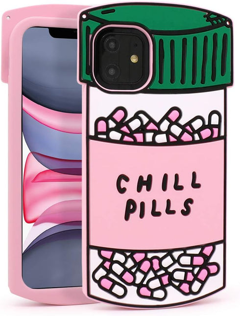 iPhone 11 Case, Cute Funny 3D Cartoon Chill Pills Capsule Bottle Shaped Soft Silicone Full Protection Shockproof Back Cover Cases Skin for Kids Gi...