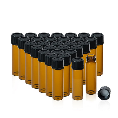 20 PCS 8ML (2 dram) Amber Small Liquid Sample Glass Vials with Screw Caps, 17mmx 60mm Leak-Proof Vial, 15-425 Black Screw Cap with PE Liners for L...