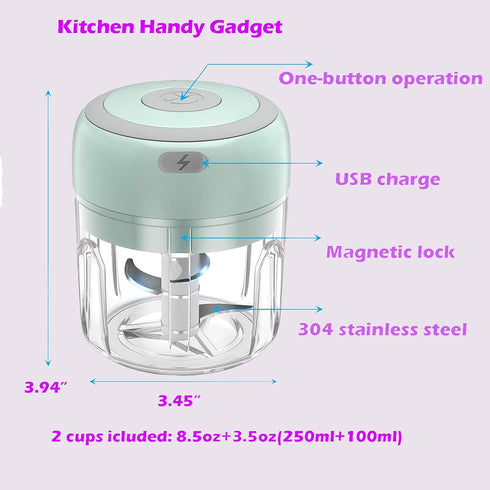 Electric Mini Food Chopper, Rechargable Small Food Processor for Garlic, Puree, Onion, Herb, Veggie, Ginger, Fruit Blender (250ml+100ml 2 cups, Gr...