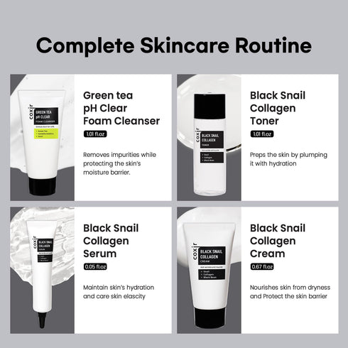 coxir BLACK SNAIL COLLAGEN STARTER KIT l Repairing&Firming | Black-3-Complex: Black Rice, Bean, Sesame, Snail Mucin, Collagen FOAM CLEANSER+TONER+...