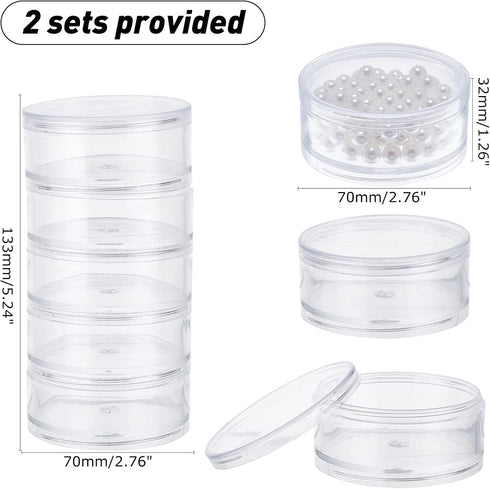 PH PandaHall 2 Sets 5 Layer Cylinder Stackable Bead Containers 15ml Plastic Round Clear Storage Organizer Box with Screw Lid for Make Up, Eye Shad...