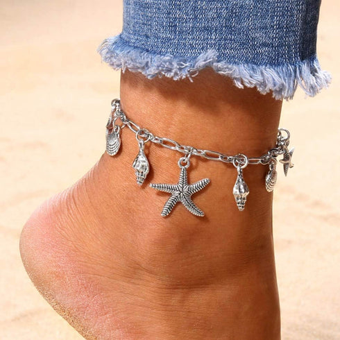 Boho Starfish Anklet Chain Silver Shell Ankle Bracelet Beach Adjustable Foot Accessory Jewelry for Women...