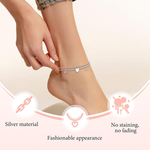 Anklet Bracelets for Women, Layered Heart Ankle Bracelet Silver Plated Cubic Zirconia & Heart Charm Anklets for Women, Summer Foot Jewelry Anklets...