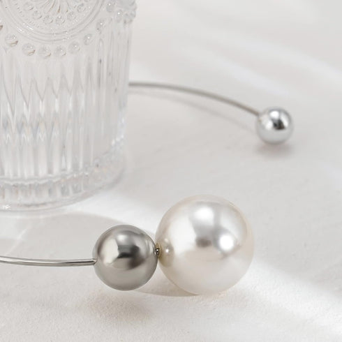 Metal Big Pearl Open Choker Necklace Adjustable Silver Big Pearl Choker Necklaces for Women Round Open Cuff Necklace Elegant Cuff Collar Necklace ...