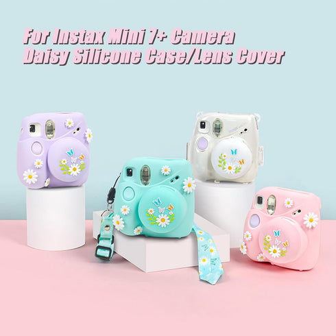 Silicone Case Lens Cap Set for Fujifilm Instax Mini 7+ 7 Plus Instant Camera Skin Accessories, Protective Carrying Case Cover with Adjustable Shou...