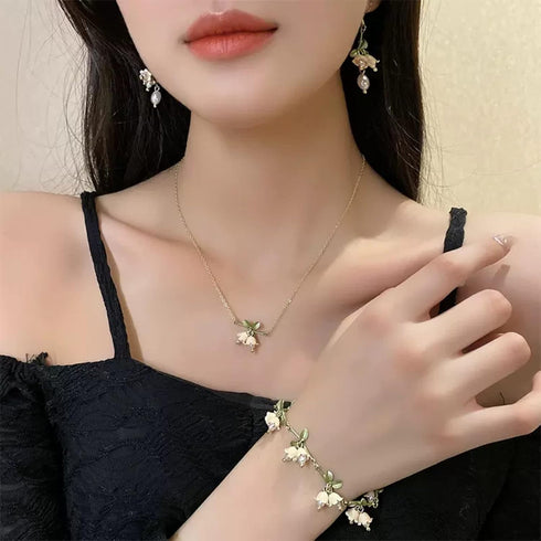 3Pcs Set Lily of the Valley Necklace and Earring Bracelet Green Paint Leaves and Freshwater Pearl Necklace Gift for Women Mom Friends Bride...