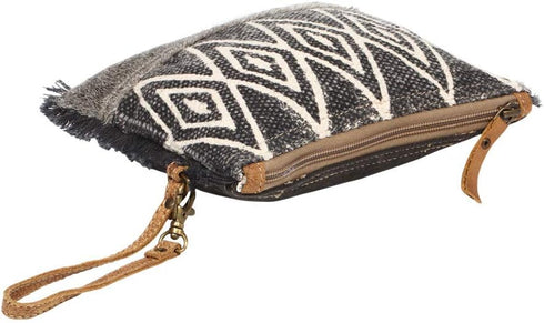 Myra Bag Second Impression Upcycled Canvas & Cowhide Leather Wristlet Pouch Bag S-1261...