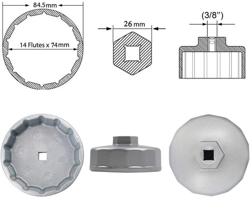 Heavy Duty 74mm Oil Filter Wrench, Silver, Aluminum, Fits Volkswagen, Mercedes Benz, Audi, Porsche, Mazda, Sprinter and More...