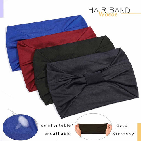 Woeoe Headbands for Women, Wide Headband for Women, Stretchy Workout Hair Bands, 4-Pack, Black, Bow Style...