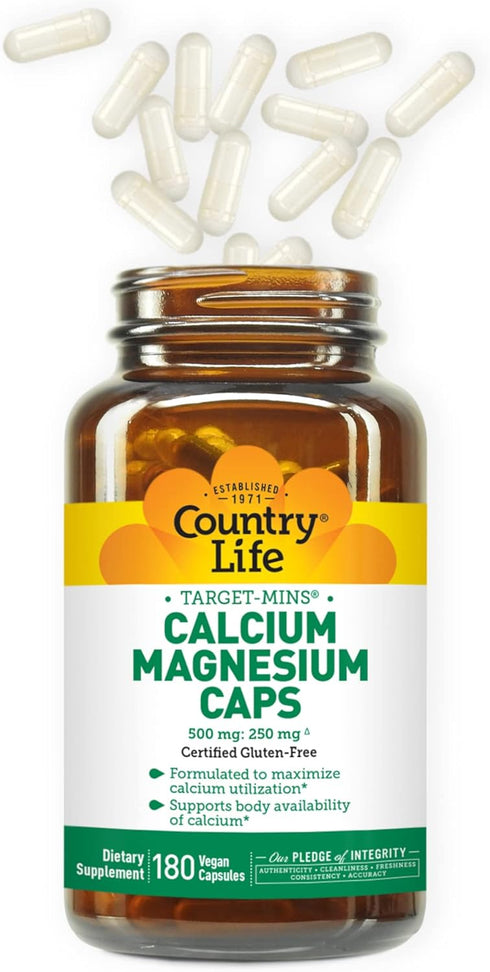 Country Life Target-Mins Calcium Magnesium Caps, 500mg: 250mg, 180 Vegan Capsules, Certified Gluten Free, Certified Vegan...
