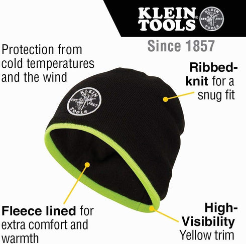 Klein Tools 60391 Knit Beanie, Thermal Fleece Winter Hat, Windproof, Fits under Helmets, Black with High-Visibility Yellow Band Trim...