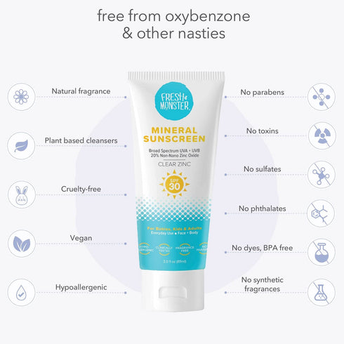 Fresh Monster Daily Kids Sunscreen, SPF 30 UVA/UVB, Clear Non-Nano Zinc Oxide Mineral Sunscreen, Face & Body Sunscreen, Reef Safe, Hypoallergenic ...