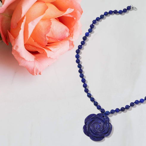 Shop LC Carved Rose Blue Lapis Lazuli Beaded Necklace for Women 925 Sterling Silver Rhodium Plated Gifts for Women Size 18" Birthday Gifts...