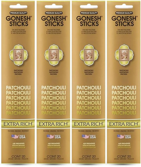 Gonesh - Extra Rich Scented Incense Sticks - Non-Toxic 10” Slow Burn Aromatic Sticks - Patchouli - 4 Packs of 20-80 Count...