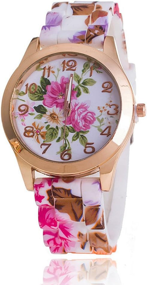 CdyBox Women Ladies Girls Floral Dial Silicone Band Analog Watches Rose Gold Tone Numbers (5 Pack)...