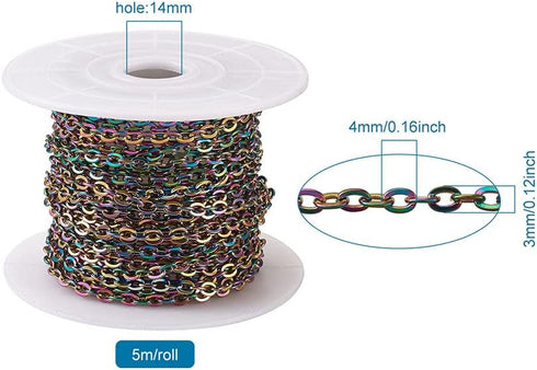 16.4 Feets 304 Stainless Steel Cable Chains Colorful Unwelded Twisted Cable Necklace Chain Link with Spool 4x3x0.7mm for DIY Bracelet Necklace Jew...