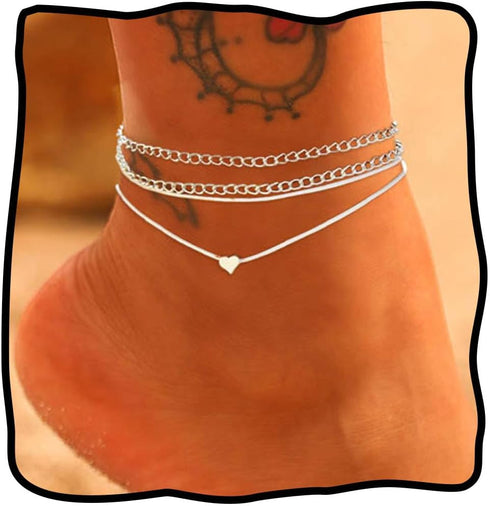 Boho Layered Anklets Silver Love Ankle Bracelets Chain Heart Beach Foot Accessory Jewelry for Women...