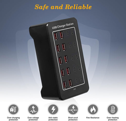 USB C Charger Block 100W USB C Charging Station, 20Port (20A) Multiple Charging Hub Desktop 10 Port USB Charger Compatible for Apple iPhone, iPad,...